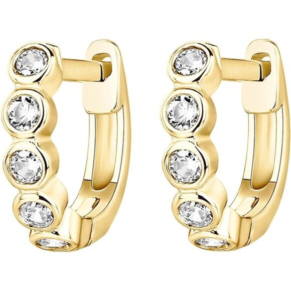 14K Gold Plated 925 Sterling Silver Post Pave Cubic Zirconia Huggie Hoop - Picture 3 of 6